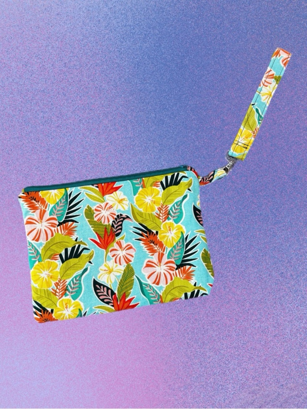 Handmade Floral Tropical Wristlet Pouch - Teal